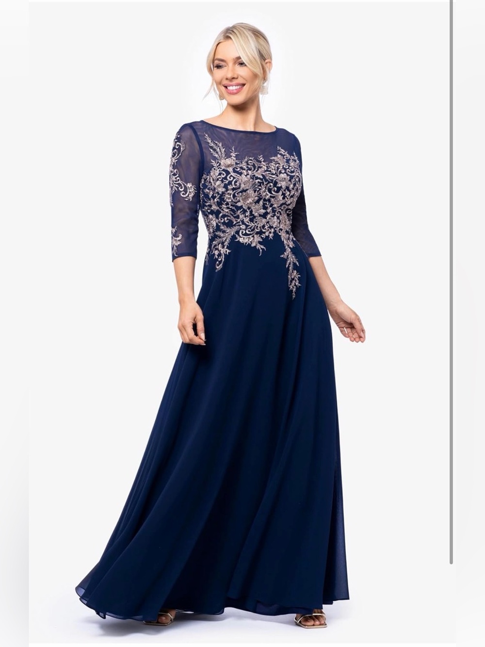 Betsy & Adam Metallic Embroidered Dress Gown 8 Navy Gold Mother Of Bride Formal